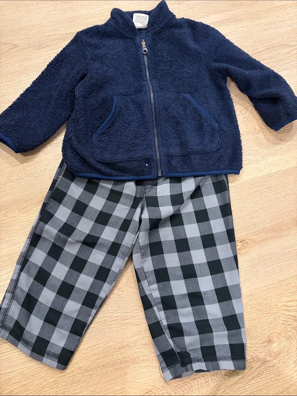 Kids Navy Fleece Zip Jacket and Gray Plaid Pajama Pants 18-24 months